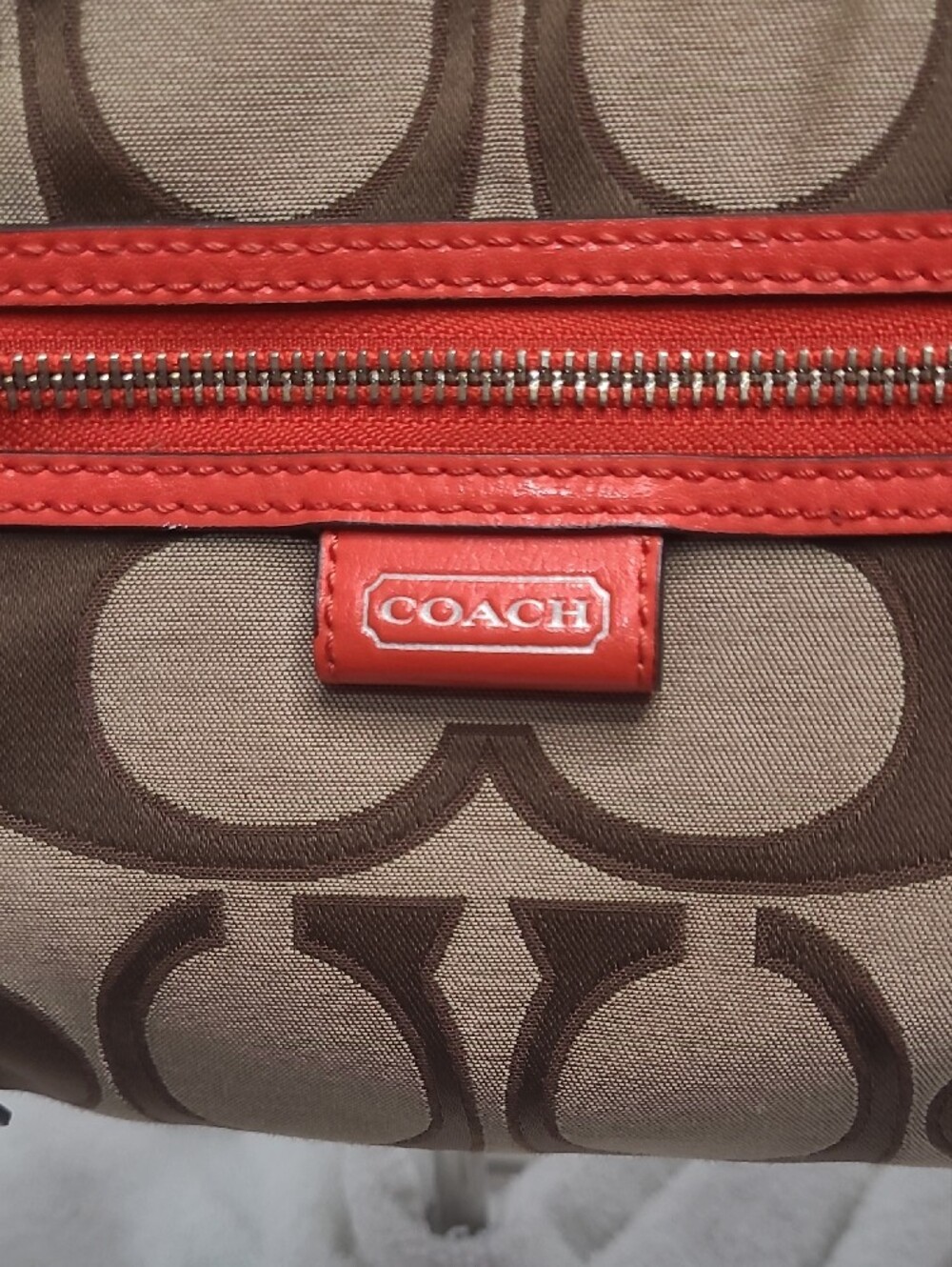 Coach Daisy Signature Canvas Crossbody / Shoulder Bag in Tan and Coral - Picture 2 of 6